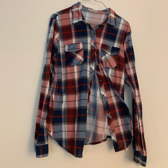 Passport Tops - Red Blue Plaid Flannel Button Up Top